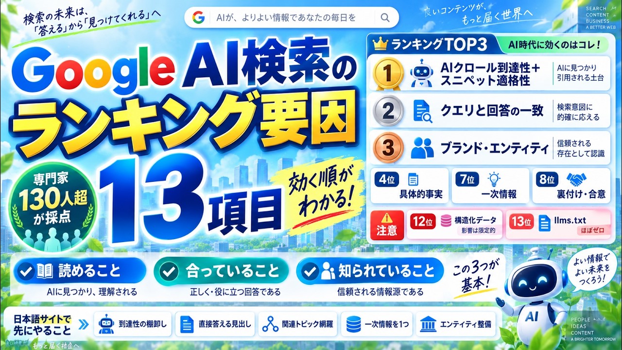 Google AI検索のランキング要因13項目 — 専門家130人超が採点した「効く順」と、日本語サイトで先にやるべきこと