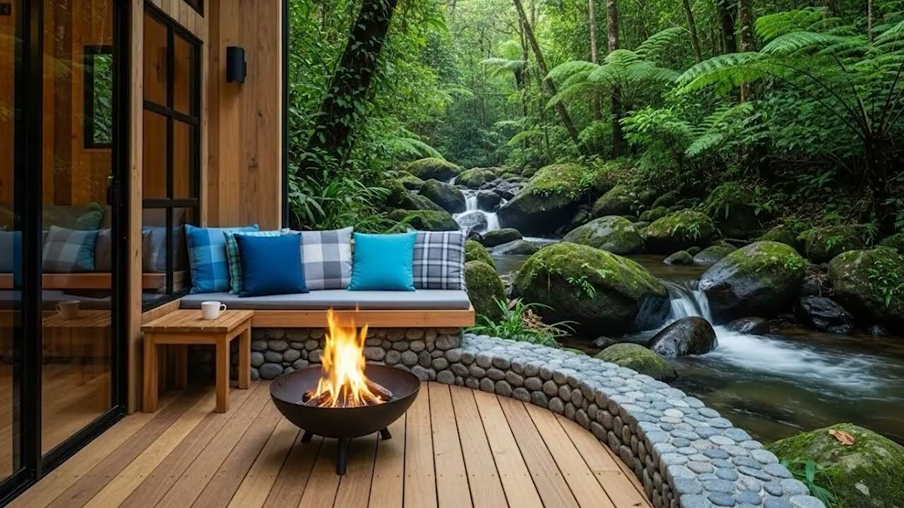 Warm Fireplace & Soft Piano with River Flow | Cozy Holiday Ambience for Sleep & Relaxation