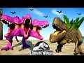 Yellow Spinosaurus vs Pink Tyrannosaurus Rex vs Godzilla Jurassic World Evolution Dinosaurs Fighting