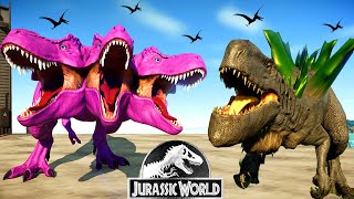 Yellow Spinosaurus vs Pink Tyrannosaurus Rex vs Godzilla Jurassic World Evolution Dinosaurs Fighting