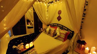 Bed Decoration Ideas for Valentine , Anniversary - Simple Bed makeover ,DIY- Sheer curtains & lights