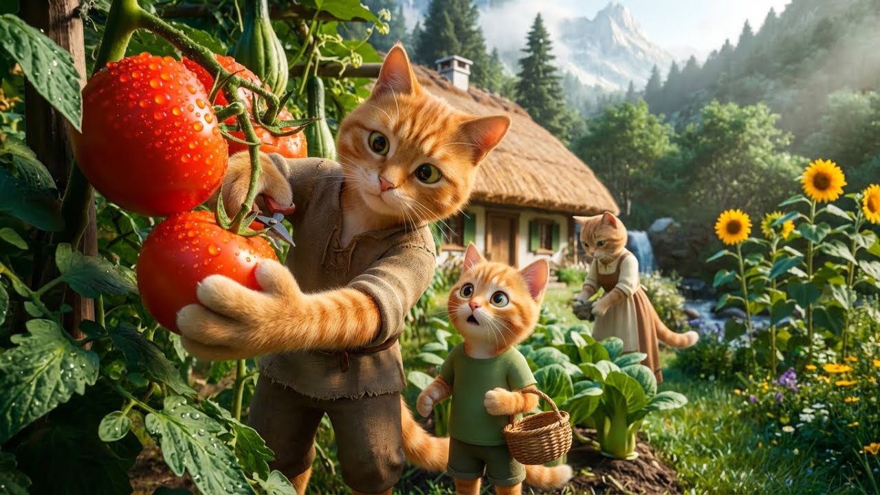 A Peaceful Day of a Cat Family Living in the Mountains.