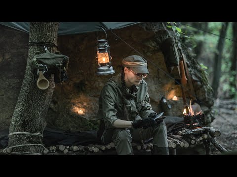 Bushcraft Shelter - Overnight Camping - Poncho Shelter - Leaves Mattress - Cooking (Part 2)