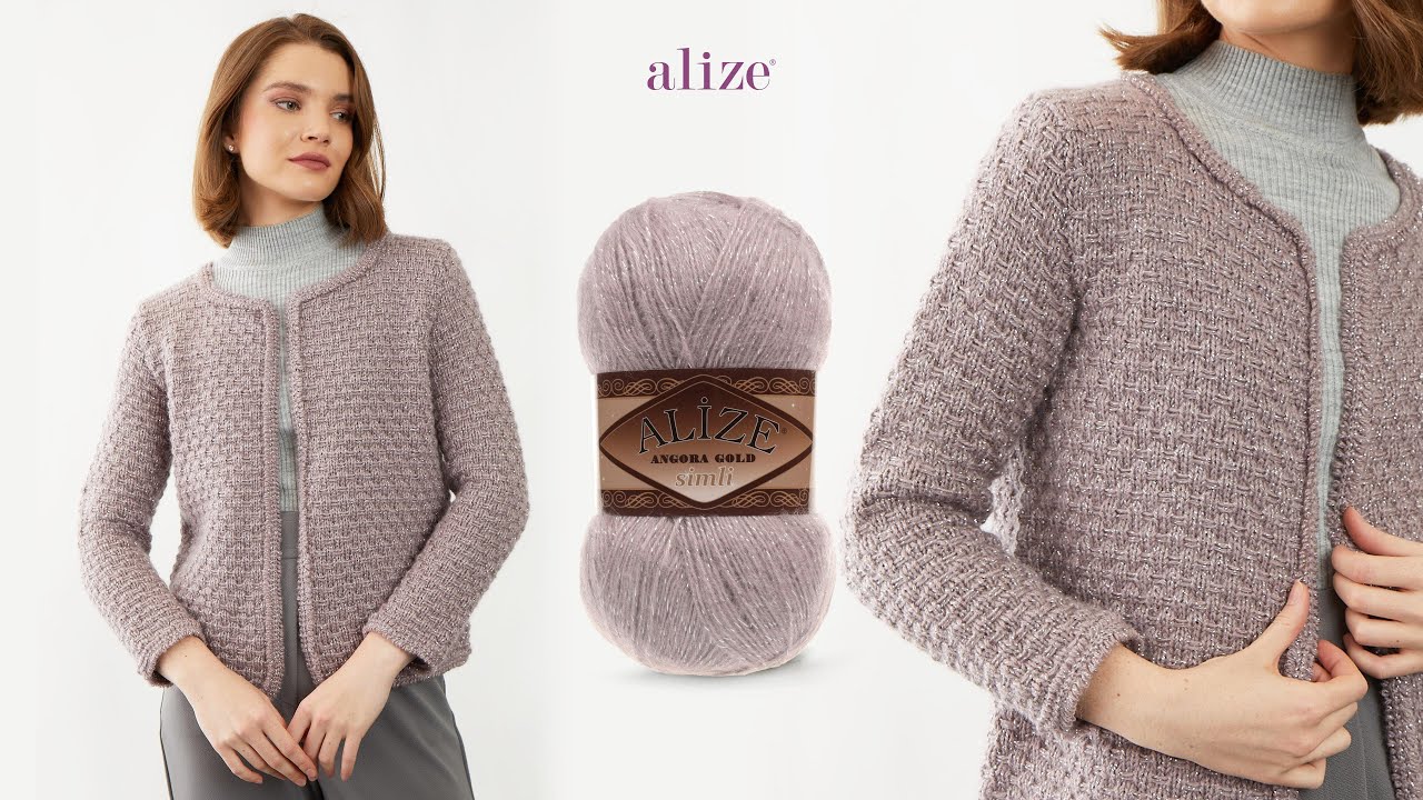 Современный кардиган с заколкой на шнурке и пряжей Alize Angora Gold Simli