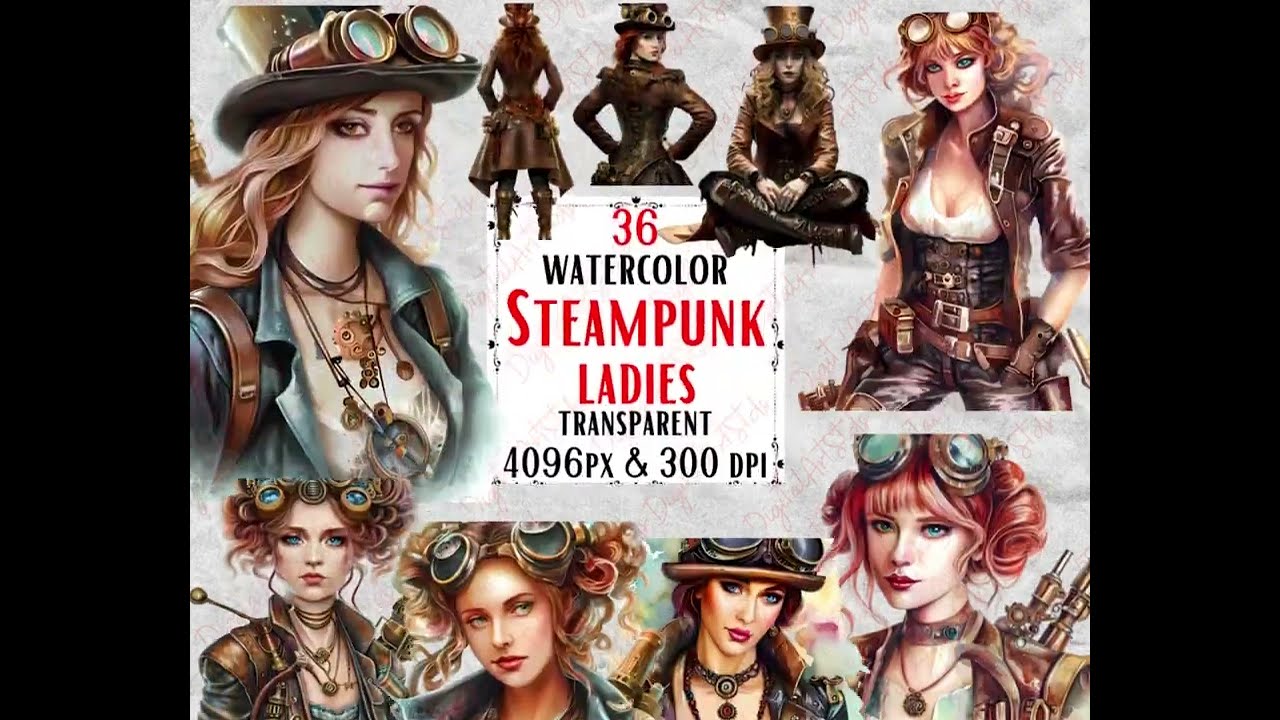 36 Watercolor Steampunk Lady Clipart Set - Steampunk Woman - 300 dpi - 4096px - PNG - Transparent