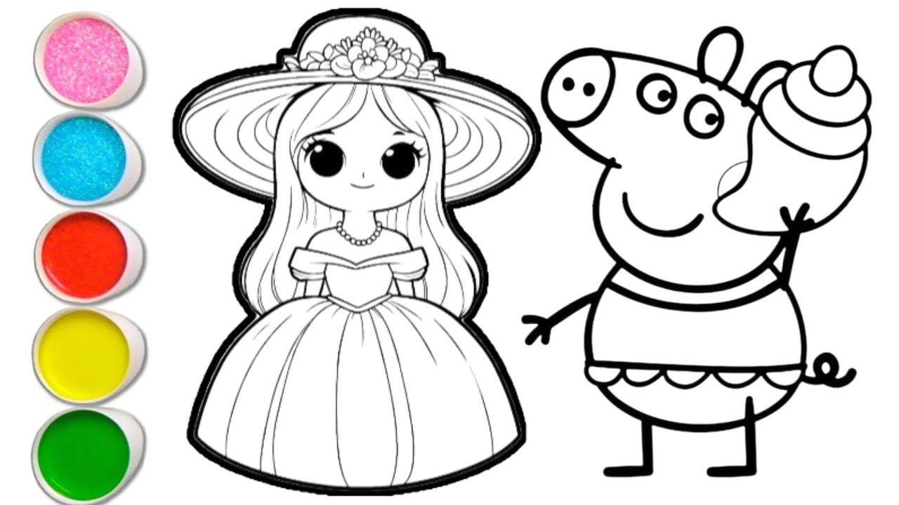 Drawing Princess Papi Peppa pig with princess drawing and colouring for kids and toddlers ...