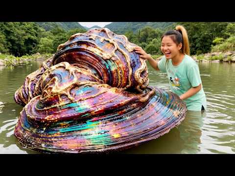 I am very excited to touch this colorful clam in the clear stream, my luck is amazing