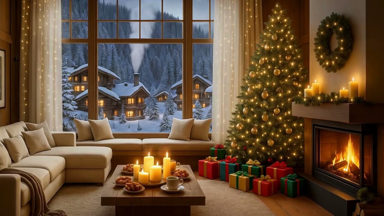 Cozy Christmas Chalet Living Room | 4K Fireplace & Snowy Window View Ambience