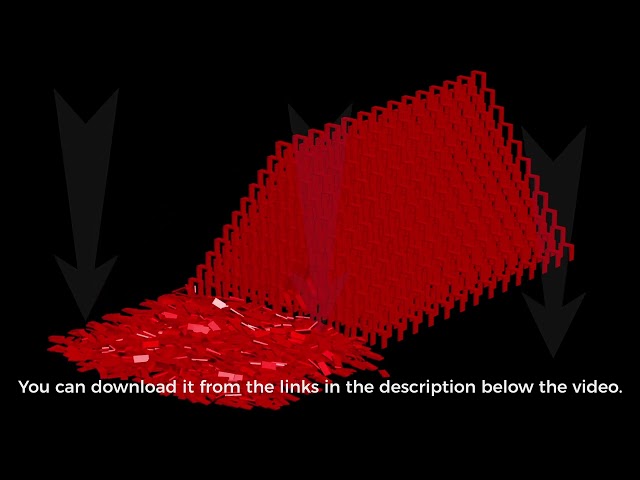 Destruction of a 3D pyramid from domino pieces. Realistic 3D animation. Interaction of domino parts. class=