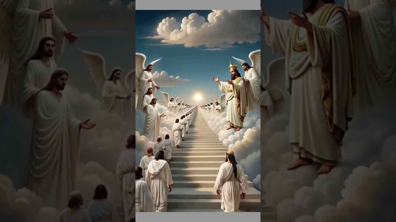Jesus Welcomes His Disciples in White Robes as Angels greeting 