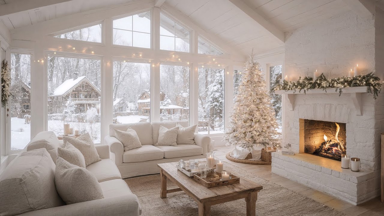 Cozy White Christmas Living Room with Fireplace – Peaceful Piano Music for Relaxation & Study