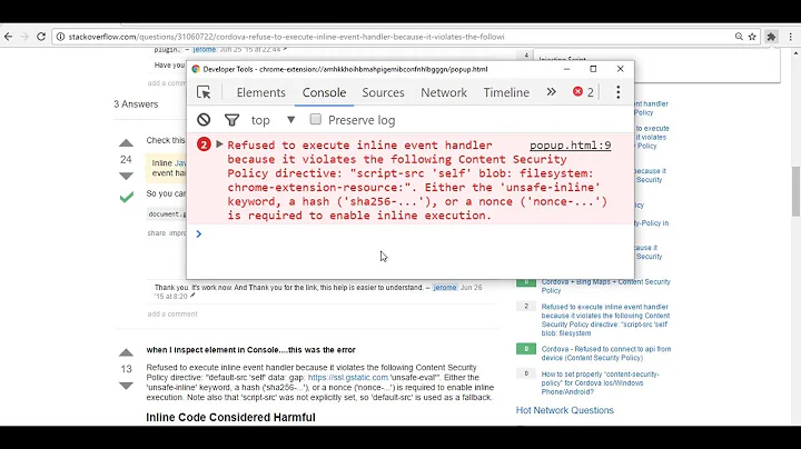 Refused to execute inline event handler in chrome extension