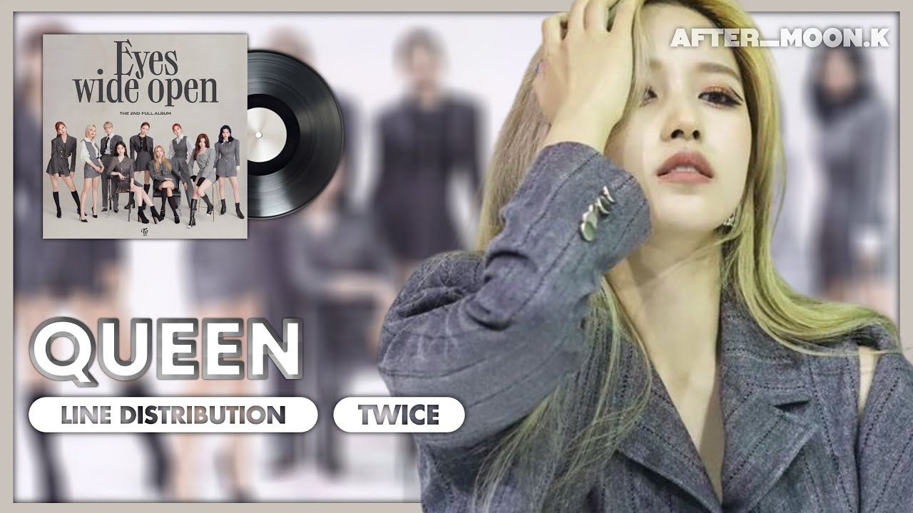 TWICE members in a vibrant, regal concept from the 'Eyes Wide Open' era, as seen in a line distribution video thumbnail.