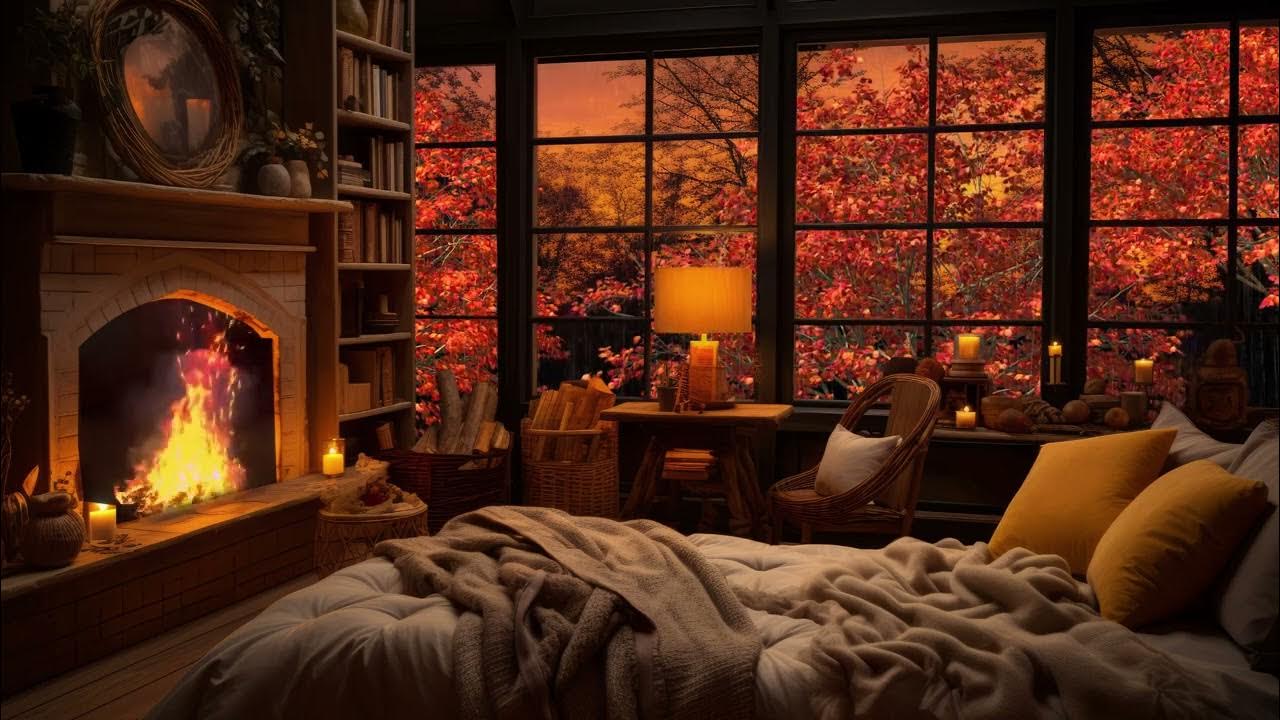 Sleep in this Cozy Autumn Ambience - Falling Leaves & Fireplace on Window 3 Hour