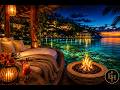 Luxury Tropical Beach Night 🌴🔥 Ocean Waves, Crackling Fire & Paradise Resort Sounds for Sleep