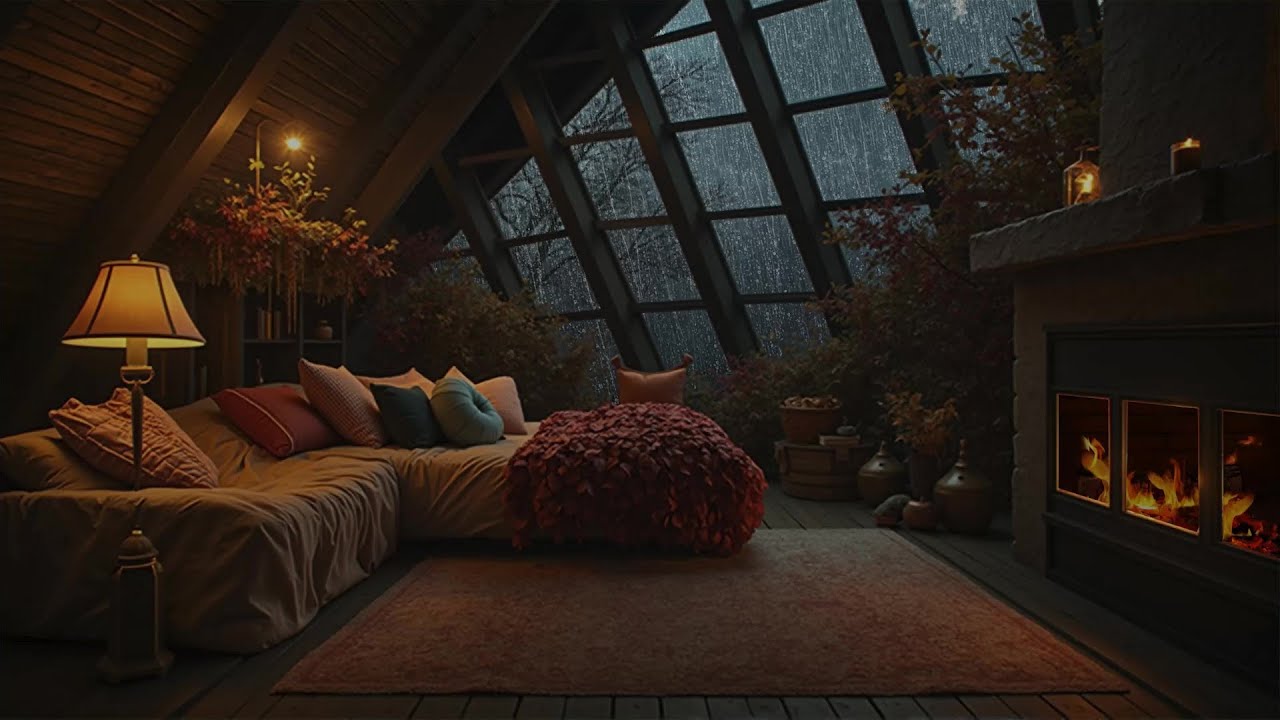 Cozy Autumn Attic Room On Rainy Day | Rain on window - Fireplace For Stress Relief & Deep Sleep ...