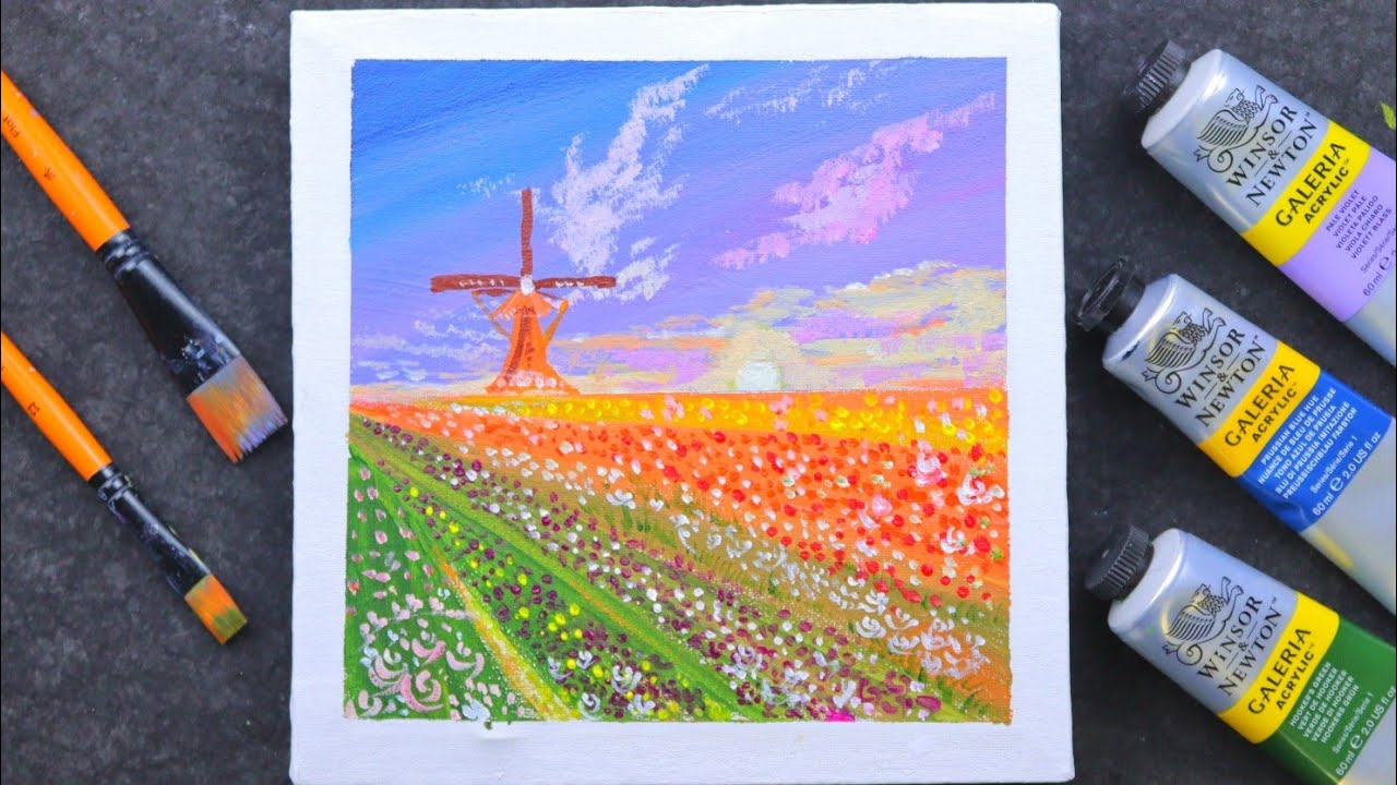 How to make Flower fields🌸 /Satisfying painting 🌷/Acrylics on canvas # 56