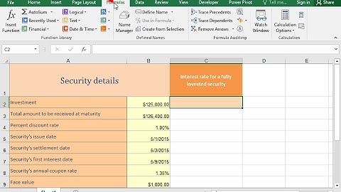 Use the INTRATE function to calculate the interest rate for a fully invested security (Excel 2016)