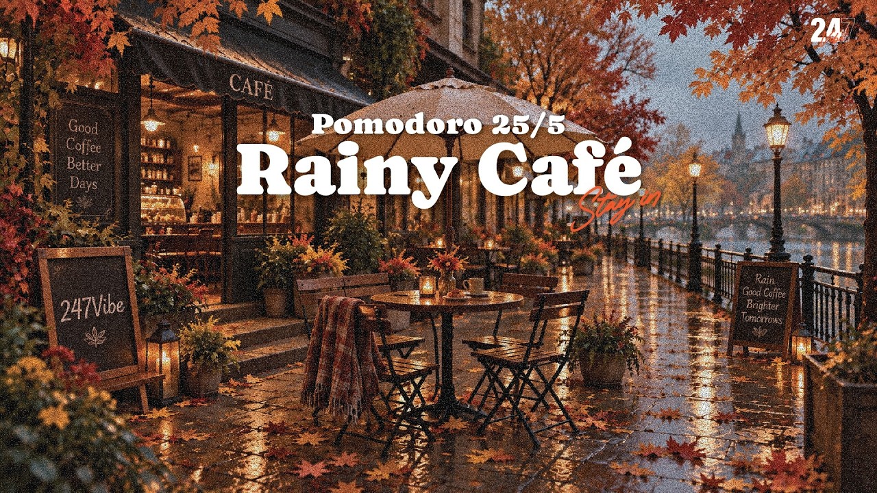 Rain Pomodoro 25/5 🌧️ Rainy Cafe Autumn | 2 Hour Study Timer with Rain
