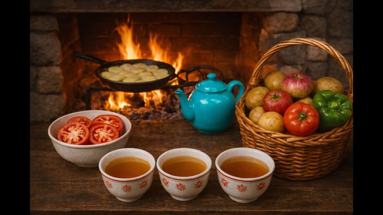 Cozy Fireplace Cooking: Tomato Stew & Grilled Corn | آشپزی در شومینه
