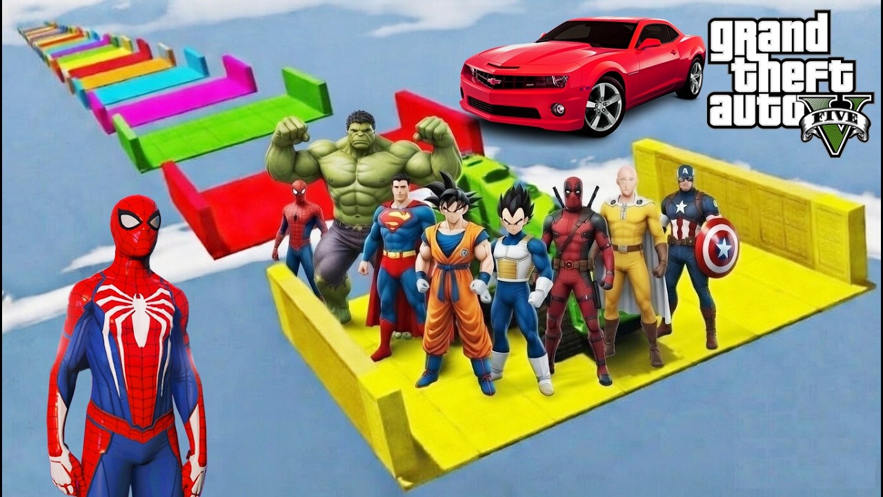 gta5 spiderman mega ramp stunt jump challenge with superheros #gta #gta5 #gtav #gaming #spiderman