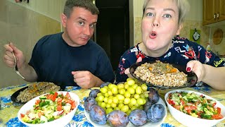 Мукбанг СПОРИМ с мужем аж до ХРИПОТЫ! Почти ПП НАЖОРИСТЫЙ ужин! Гречка с мясом, салат