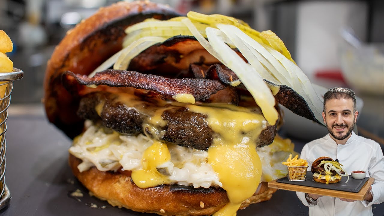 برغر اللحم مميزة جداً مع صلصة الشيدار والحبش على طريقة الشيف محمود