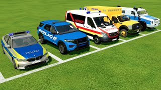 TRANSPORT BMW POLICE, FORD POLICE, MERCEDES BENZ, FORD AMBULANCE, RHEINMETALL WITH MB TRUCKS | FS22