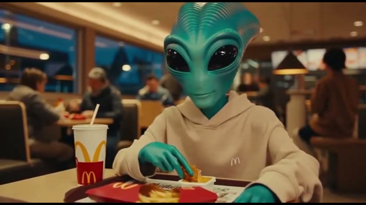 Alien eat chicken tender in mcdonald restaurant
