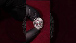 .925 Sterling Silver Black Diamond Indian Skull Ring With Red Ruby Stones | Item #61446