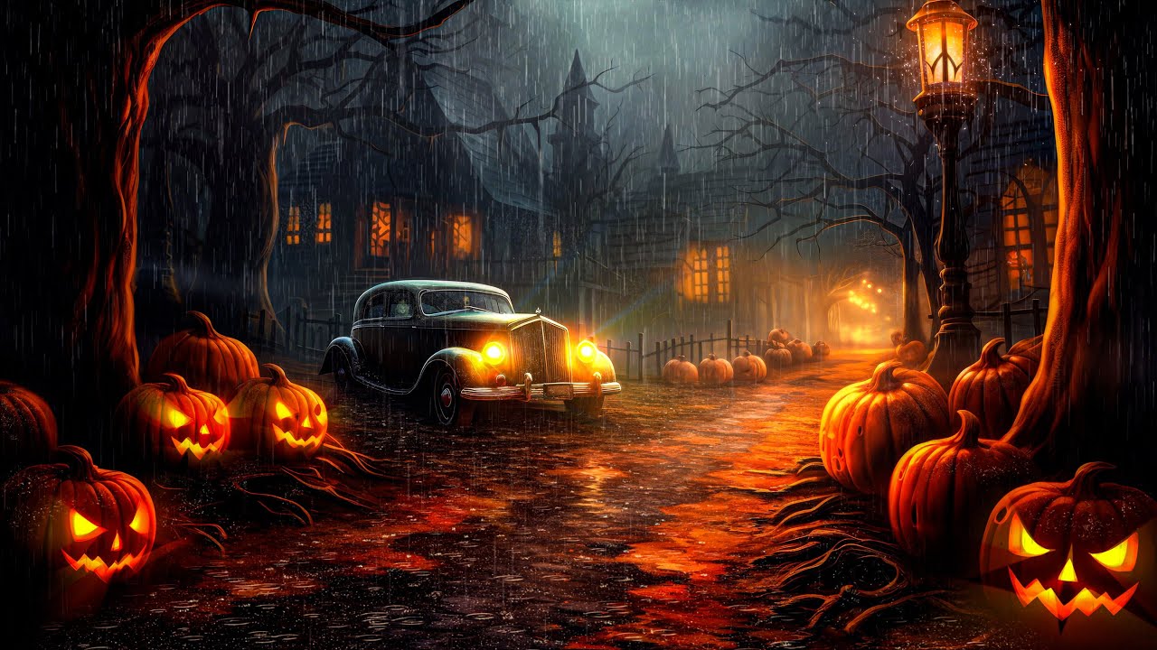 1970s Haunted Town Halloween Ambience with Relaxing Heavy Rain ...