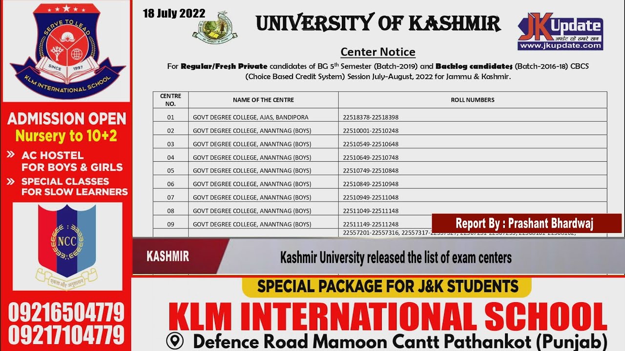 Kashmir University released the list of exam centers