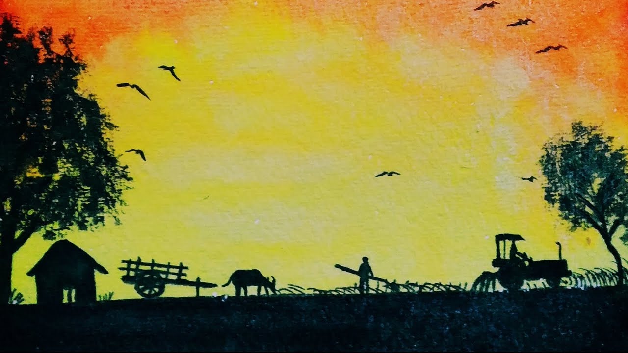 Indian farm scene in watercolour, easy painting for beginners, painting tutorial