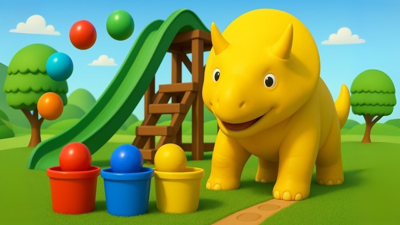 Дино скатывает мячики и учит цвета!