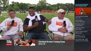 Andrew Siciliano, Willie McGinest sport Cleveland Browns sweatshirts with GM John Dorsey