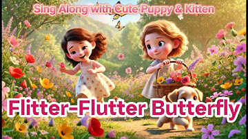 Flitter-Flutter Butterfly | Sing Along with Cute Puppy & Kitten | Popular English Nursery Rhymes