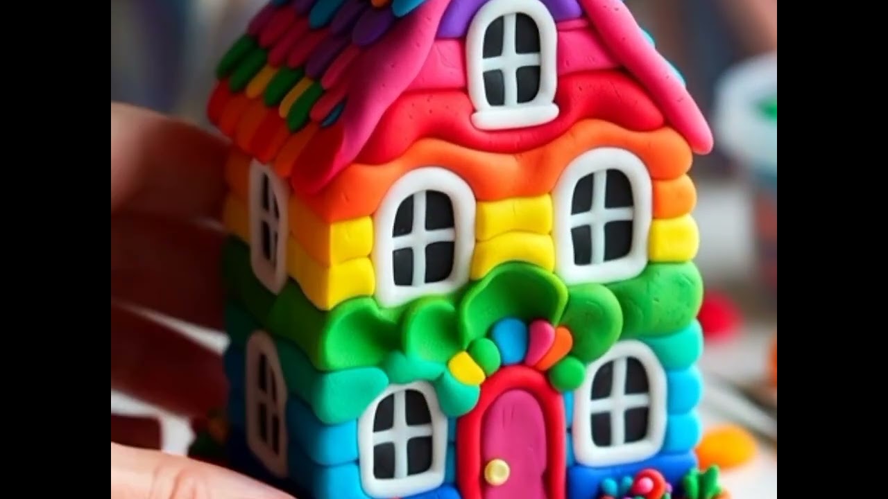 Colorful handmade clay mini house craft, vibrant bright colors video, rainbow painted clay walls