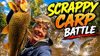 Fun times wrestling crazy carp in muddy waters with a weird rod set up !!!
