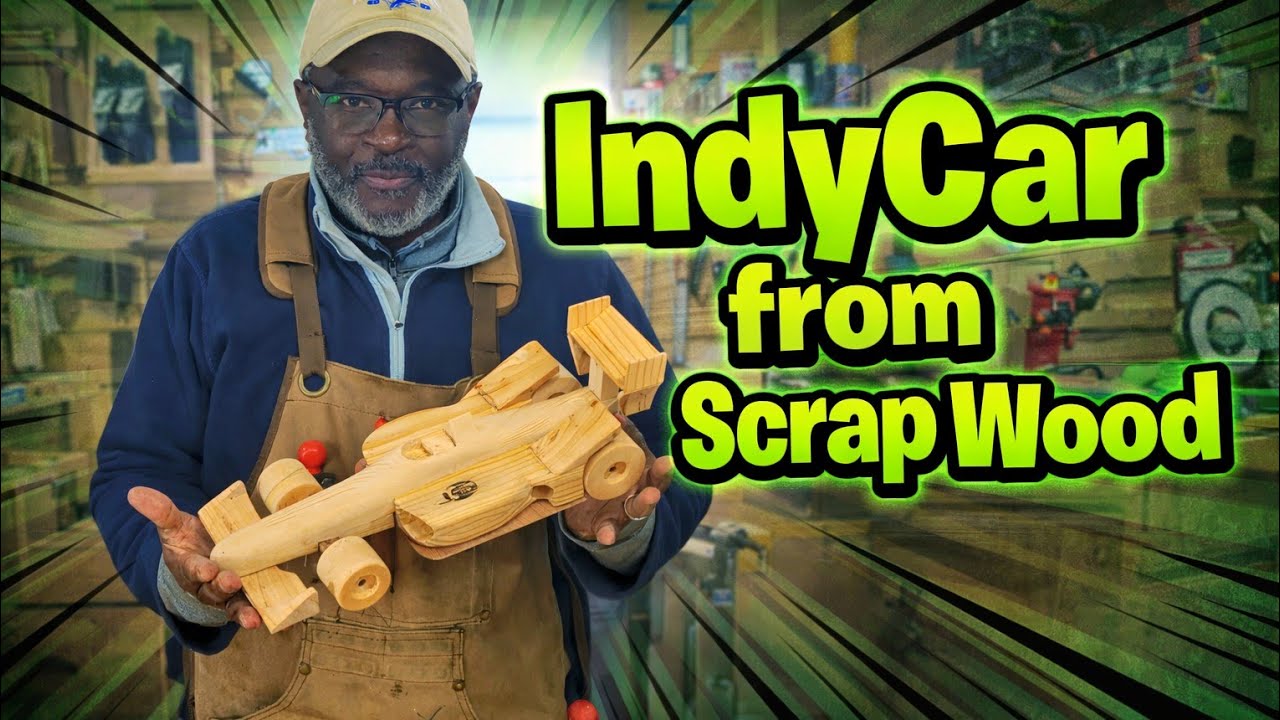 A small wood shop woodworker makes wooden toy car from scrap wood