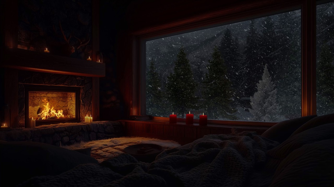Silent Winter Forest Cabin with Snow Outside and Soothing Fire Sounds for Deep Focus