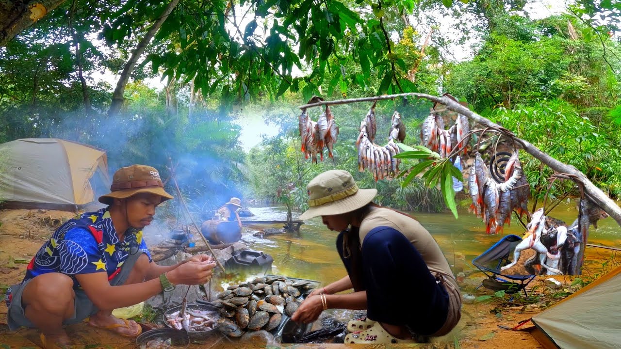 Camping Adventure and Cooking with natural food in the forest 