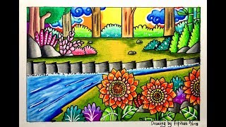 CARA GRADASI WARNA EP 171' TEMA GAMBAR PEMANDANGAN DI TEPI SUNGAI '