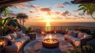 Beach Scene Relaxation | Golden Hour In Summer Paradise | Healing Ocean Sounds & Crackling Fire