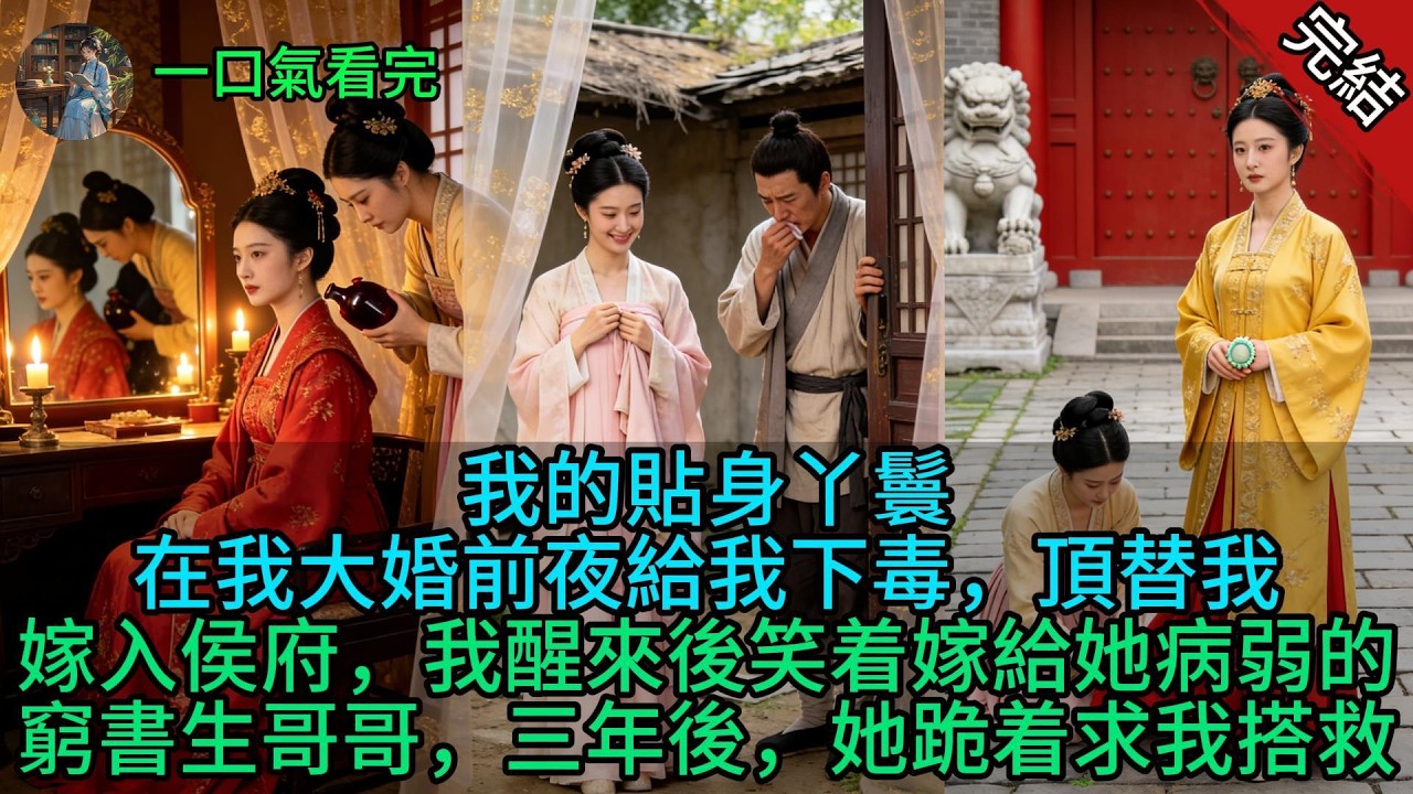 【原創小說已完結】我的貼身丫鬟在我大婚前夜給我下毒，頂替我嫁入侯府，我醒來後笑着嫁給她病弱的窮書生哥哥，三年後，她跪着求我搭救