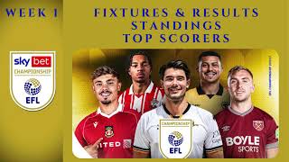 EFL Championship Premier League All Week 1 Results Fixtures Standings