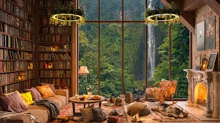 Cozy Cabin Coffee Shop with Waterfall View  Summer Jazz Music Piano For Relax, Work and Study