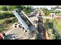 Massive Power Trucks Dumping Big Stone Side Road Foundation Construction Technology