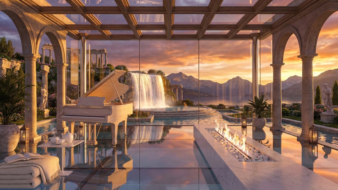 The Eternal Sunset | 1 Hour Relaxing Piano & Roman Waterfall Fireplace [4K]