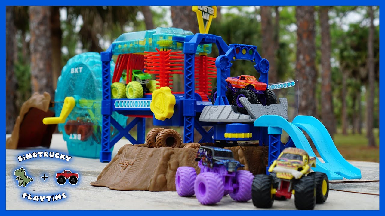 Monster Jam Monster Trucks in the Mud Car Wash Video for Children