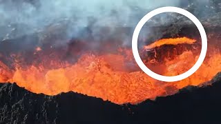 Volcano&#39;s Inner Wall Collapse caught from drone at Iceland 2023 Eruption. July 17th. 4K.